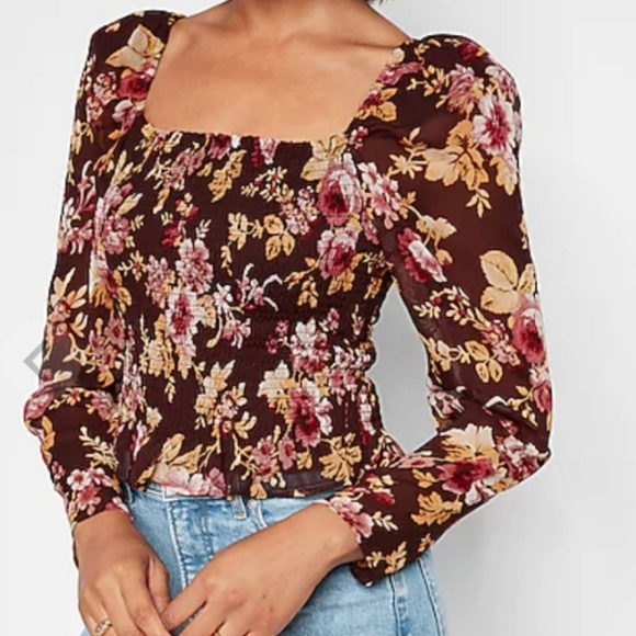 Express Floral Square Neck Smocked Body Top Size Small Brown Pink - Picture 12 of 12